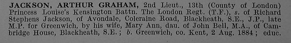 Jackson A G 2nd Lt 13th London Regiment (Kensington) Obit Part 1 De Ruvignys Roll Of Honour Vol 4