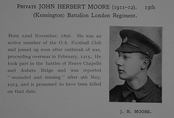 Moore J H Pte 13th London Regiment (Kensington) Obit Dulwich College Roll Of Honour
