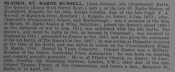 Sladen St B R Lt Col 5th Queens Royal West Surrey Regiment Obit De Ruvignys Roll Of Honour Vol 4
