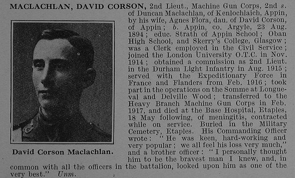 MacLachlan D C 2nd Lt Machine Gun Corps Obit De Ruvignys Roll Of Honour Vol 4