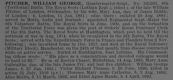 Pitcher W G Quartermaster Sergt 325263 8th Royal Scots Obit De Ruvignys Roll Of Honour Vol 4