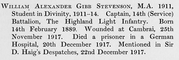 Stevenson W A G Captain 14th Highland Light Infantry Obit St Andrews University Roll Of Honour