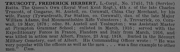 Truscott F H LCpl 17451 7th Queens Own Royal West Kent Regiment Obit De Ruvignys Roll Of Honour Vol 4