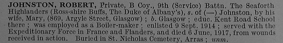 Johnston R Pte S/4398 9th Seaforth Highlanders Obit De Ruvignys Roll Of Honour Vol 4