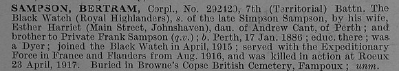 Sampson B Cpl 292420 7th Black Watch Obit De Ruvignys Roll Of Honour Vol 4