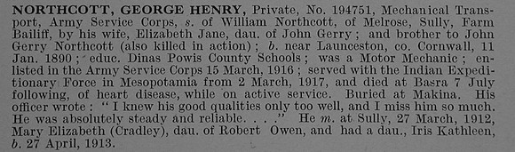 Northcott G H Pte 194751 Army Servce Corps Obit De Ruvignys Roll Of Honour Vol 4