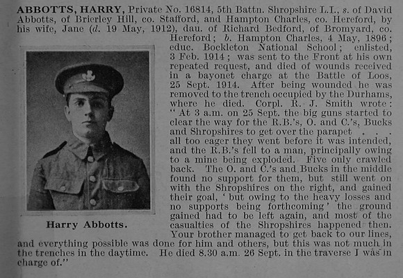Abbotts H Pte 16814 5th Shropshire Light Infantry Obit De Ruvignys Roll Of Honour Vol 1