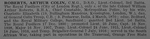 Roberts A C Lt Col CMG DSO 3rd London Regiment (Royal Fusiliers) Obit Part 1 De Ruvignys Roll Of Honour Vol 4