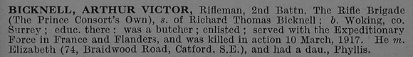 Bicknell A V Rfn 2nd Rifle Brigade Obit
