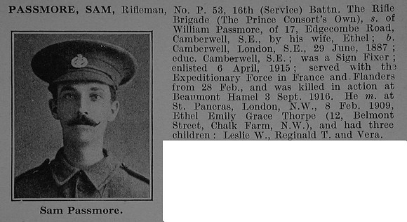 Passmore S Rfn P/53 16th Rifle Brigade Obit De Ruvignys Roll Of Honour Vol 4