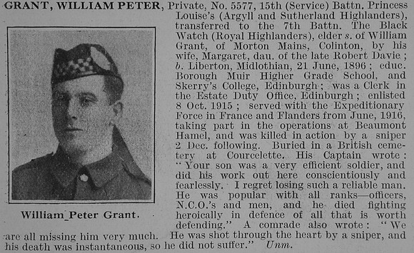 Grant W P Pte 15th Argyll & Sutherland Highlanders Obit De Ruvignys Roll Of Honour Vol 3