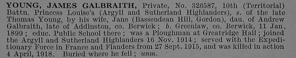 Young J G Pte 326587 10th Argyll & Sutherland Highlanders Obit De Ruvignys Roll Of Honour Vol 4