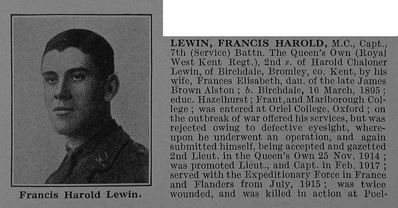 Lewin F H Captain MC 7th Queens Own Royal West Kent Regiment Obit Part 1 De Ruvignys Roll Of Honour Vol 4
