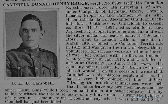 Campbell D H B Sergt 6999 1st Canadian Infantry Obituary De Ruvignys Roll Of Honour Vol 1