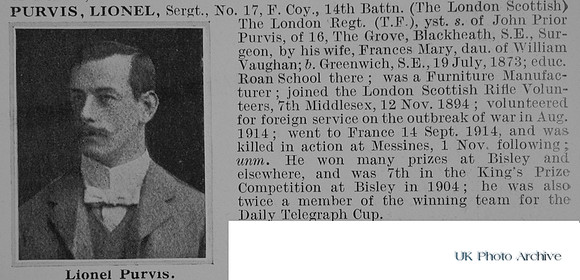 Purvis L Sergt 17 14th London Regiment Obit De Ruvignys Roll Of Honour Vol 1