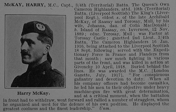 McKay H Captain MC 4th Cameron Highlanders Obit De Ruvignys Roll Of Honour Vol 4