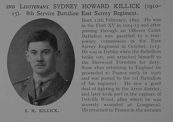 Killick S H 2nd Lt 8th East Surrey Regiment Obit Part 1 Dulwich College Roll Of Honour