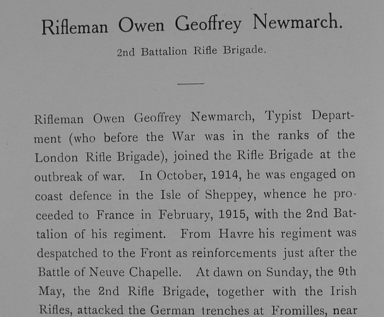 Newmarch O G Rfn Z-2708 2nd Rifle Brigade Obit Part 1 William Graham Company