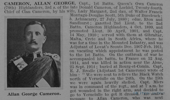 Cameron A G Captain 1st Cameron Highlanders Obituary Part 1 De Ruvignys Roll Of Honour Vol 1