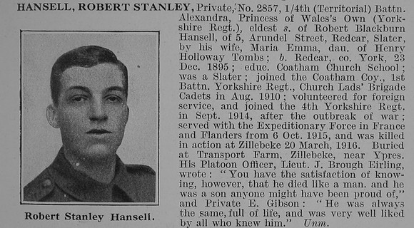 Hansell R S Pte 4th Yorkshire Regiment Obit De  Ruvignys Roll Of honour Vol 3