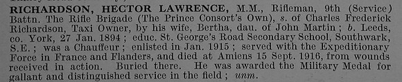 Richardson H L Rfn MM 9th Rifle Brigade Obit De Ruvignys Roll Of Honour Vol 4