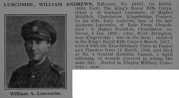 Luscombe W A Rfn 44985 1st Kings Royal Rifle Corps Obit De Ruvignys Roll Of Honour Vol 4