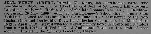 Jeal P A Pte 51498 4th Lincolnshire Regiment Obit De Ruvignys Roll Of Honour Vol 4