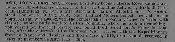 Ash J C Tpr Lord Strathconas Horse Obit De Ruvignys Roll Of Honour Vol 4