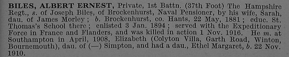 Biles A E Pte 1st Hampshire Regiment Obit De Ruvignys Roll Of Honour Vol 4