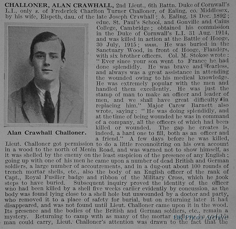 Challoner A C 2nd Lt Duke Of Cornwall's Light Infantry Obit