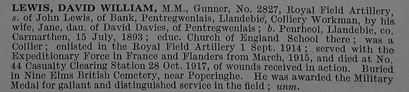 Lewis D W Gnr MM Royal Field Artillery Obit De Ruvignys Roll Of Honour Vol 4