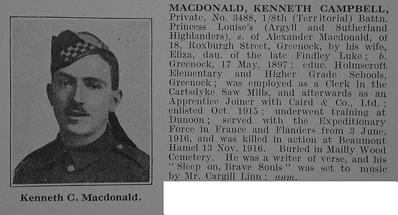 MacDonald K C Pte 8th Argyll & Sutherland Highlanders Obit De Ruvignys Roll Of Honour Vol 3