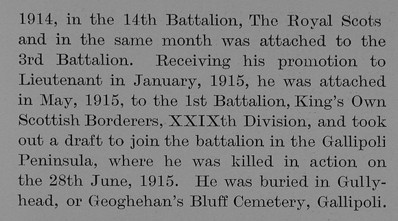 Balfour I B Lt 14th Royal Scots Attd 1st KOSB Obit Part 3 The Bond Of Sacrifice Vol 2