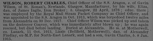 Wilson R C Chief Officer SS Aragon Mercantile Marine Obit De Ruvignys Roll Of Honour Vol 4