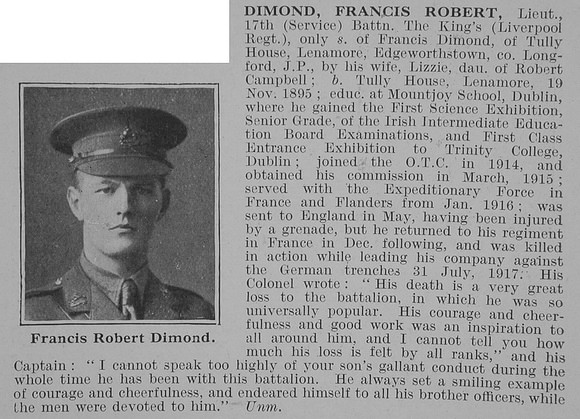 Dimond F R Lt 17th King's Liverpool Regiment Obit De Ruvignys Roll Of Honour Vol 3