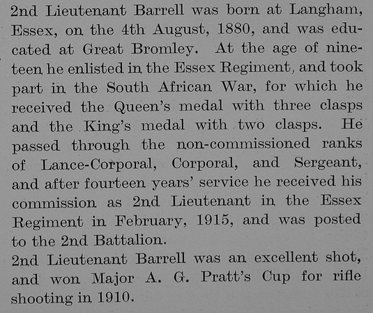 Barrell P J 2nd Lt 2nd Essex Regiment Obit Part 2 The Bond Of Sacrifice Vol 2