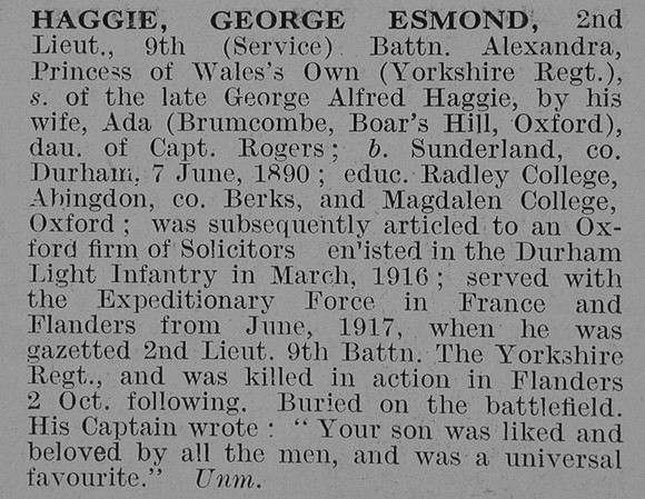 Haggie G E 2nd Lt 9th Yorkshire Regiment Obit De Ruvignys Roll Of Honour Vol 3