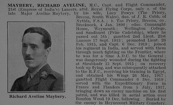 Maybery R A Flt Comm MC 21st Lancers Attd Royal Flying Corps Obit Part 1 De Ruvignys Roll Of Honour Vol 5