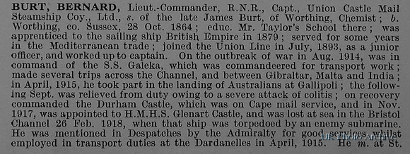 Burt B Master HMHS Glenart Castle Mercantile Marine Obit Part 1 De Ruvignys Roll Of Honour Vol 4