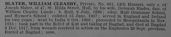 Slater W C Pte 661 14th Hussars Obit De Ruvignys Roll Of Honour Vol 4