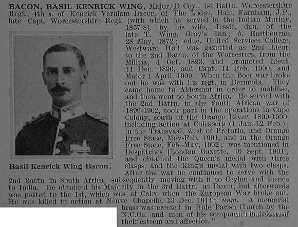 Bacon B K W Major 1st Worcestershire Regiment Obit De Ruvignys Roll Of Honour Vol 1