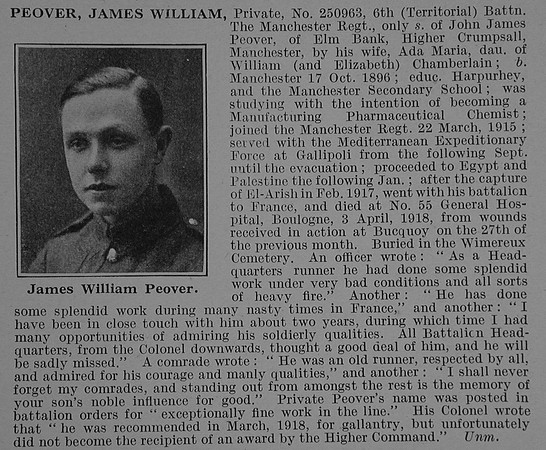 Peover J W Pte 250963 6th Manchester Regiment Obit De Ruvignys Roll Of Honour Vol 4