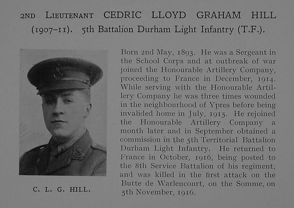 Hill C L G 2nd Lt 5th Durham Light Infantry Obit Dulwich College Roll Of Honour