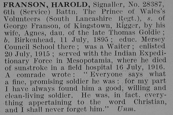 Franson H Sig 6th South Lancs Regiment Obit De Ruvignys Roll Of Honour Vol 3