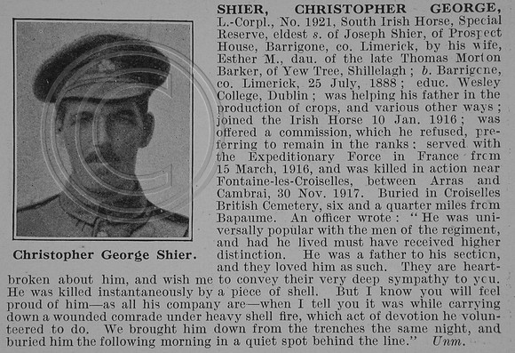 Shier C G LCpl South Irish Horse Obit De Ruvignys Roll Of Honour Vol 4