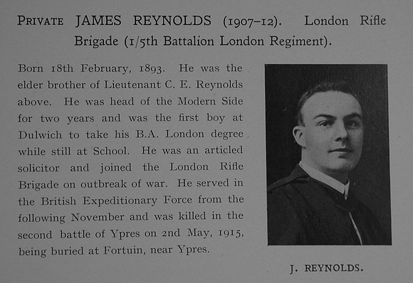 Reynolds J Pte 90 5th London Regiment (London Rifle Brigade) Obit Dulwich College Roll Of Honour