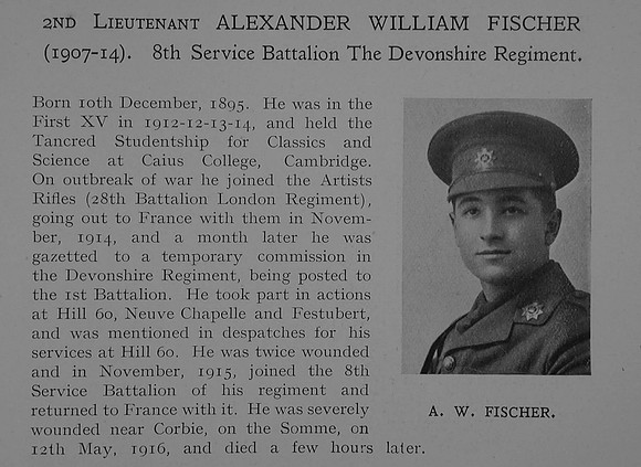 Fischer A W 2nd Lt 8th Devonshire Regiment Obit Dulwich College Roll Of Honour