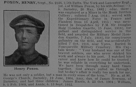 Poxon H Sergt 2126 5th York & Lancaster Regiment Obit De Ruvignys Roll Of Honour Vol 5