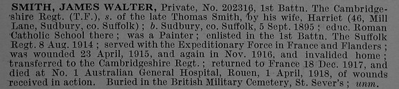 Smith J W Pte 202316 1st Cambridgeshire Regiment Obit De Ruvignys Roll Of Honour Vol 4