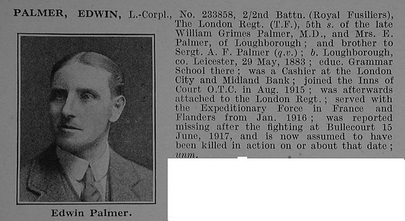 Palmer E L/Cpl  233858 2nd London Regiment (Royal Fusiliers) Obit De Ruvignys Roll Of Honour Vol 4